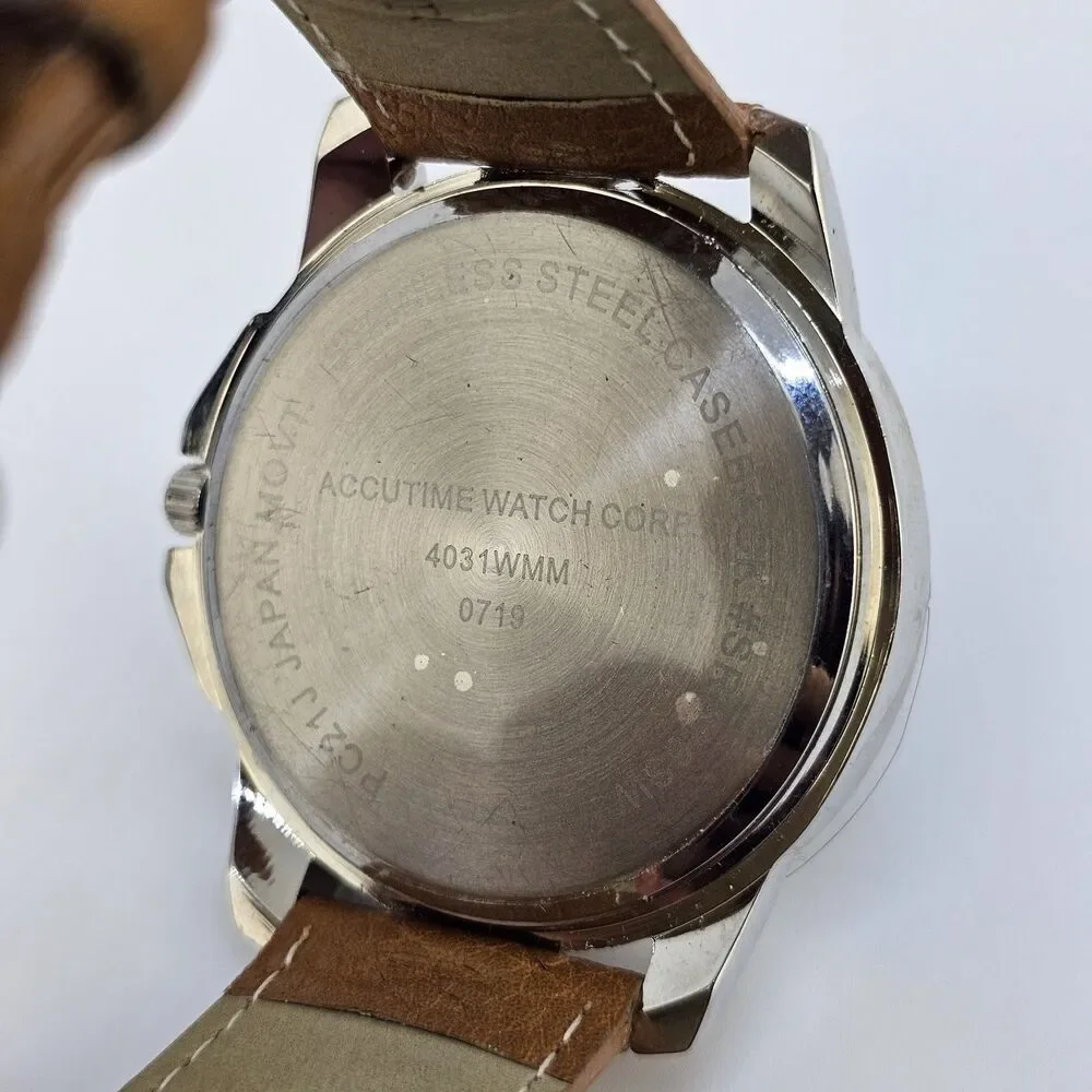 Men's Watch 47MM‎ Blue Dial Brown Faux Leather Bands New Battery